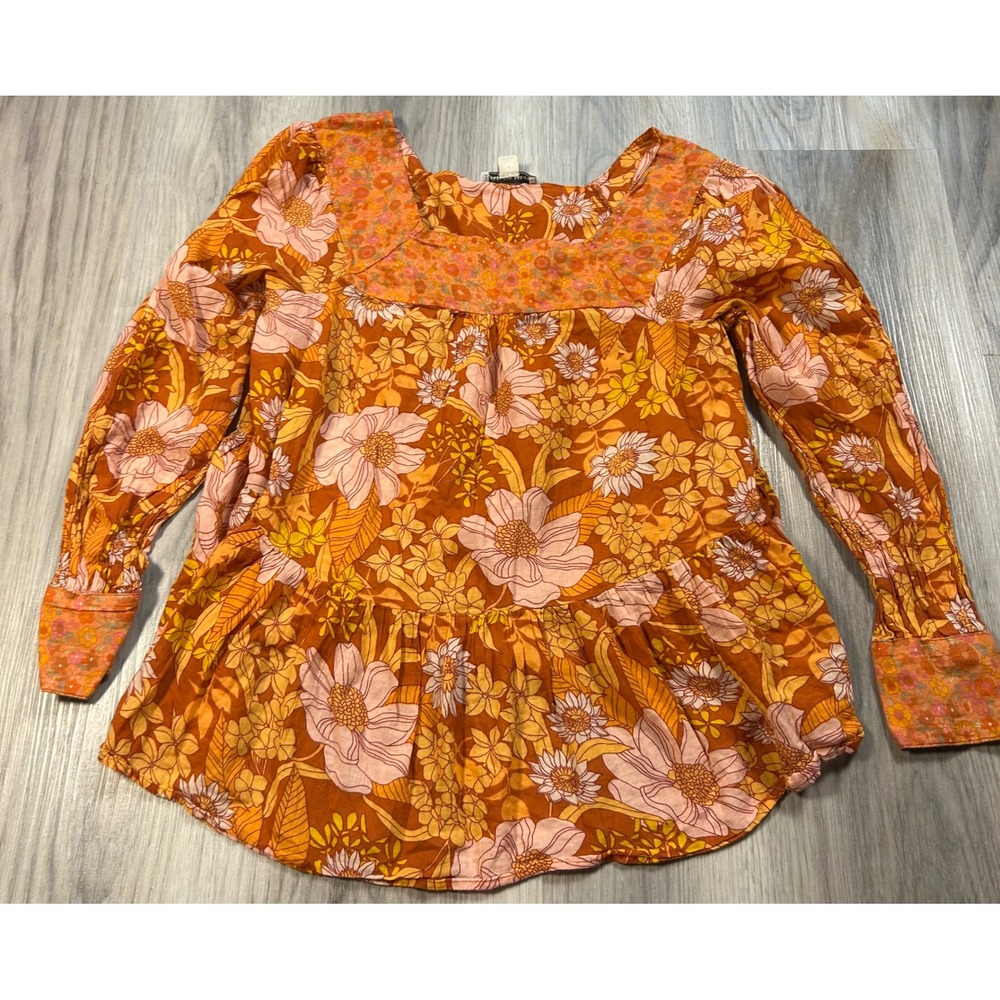 AMERICAN EAGLE Outfitters XXS Floral Print Peasant Blouse Orange Pink‎ boho